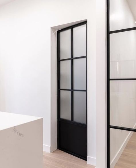 Pantry Door Frosted Window, Black Frosted Glass Pantry Door, Black Glass Pantry Door, Frosted Pantry Door Kitchens, Pantry Glass Door, Pantry Door Frosted, Swinging Pantry Door, Black Pantry Door, Modern Pantry Door