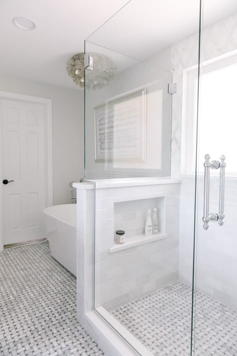 Gally Master Bath, Large Master Bathrooms With Walk In Showers, Bathroom Remodel Ideas Master, Windowless Master Bath, White And Gray Bathroom Ideas Master Bath, 3x4 Shower Master Bath, Bathtub Pony Wall, Small Master Bath Shower Ideas, Gray And White Master Bath Ideas