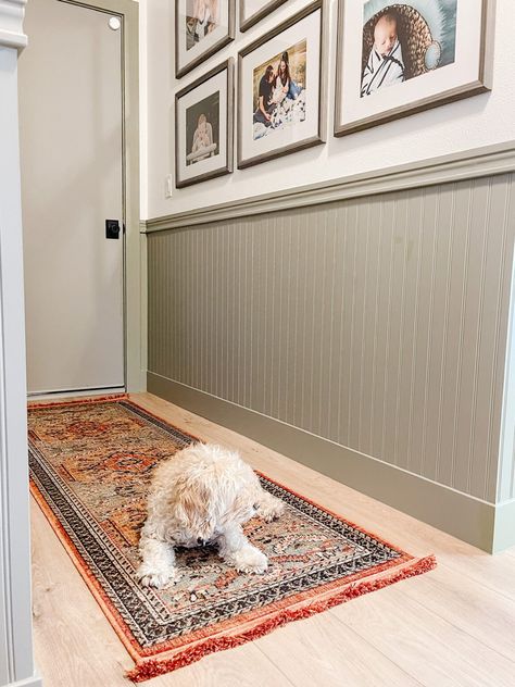 Beadboard Gallery Wall, Wainscoting With Wallpaper Dining Room, Painting Beadboard Paneling, Painted Wainscoting Ideas, Painted Beadboard Walls, Beadboard Hallway, Beadboard Entryway, Beadboard Half Wall, Wallpaper And Beadboard