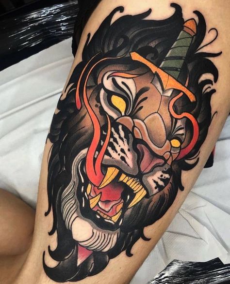 Neotraditional Lion Tattoo, Traditional Lion Tattoo, Traditional Tattoo Animals, Tatuaje Cover Up, Maching Tattoos, Neo Tattoo, Traditional Tattoo Old School, Torso Tattoos, Tattoo Old School