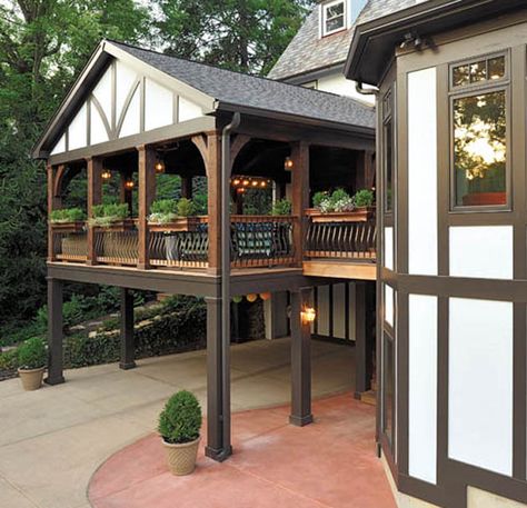 Photo by Brian Gomsak Tudor-style home dining room covered porch The Howland Group backyard architect Mary Cassinelli  #tudor #outdoordining #porch #outdoorliving #outdoorroom #lighting #landscaping Exterior Design Backyard, Beachy Farmhouse, Camp Cabin, Cottage Outdoor, Backyard Dining, Deck Fireplace, Backyard Covered Patios, Balkon Decor, Home Dining Room