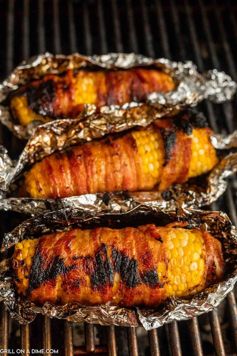 Grilled Bacon Wrapped Corn on the Cob Recipe - grillonadime.com Bacon Wrapped Corn, Bacon Wrapped Recipes, Fresh Corn Recipes, Corn On The Cob Recipe, Grilled Bacon, Bacon Chili, Savory Sides, Easy Grilling Recipes, Bacon On The Grill