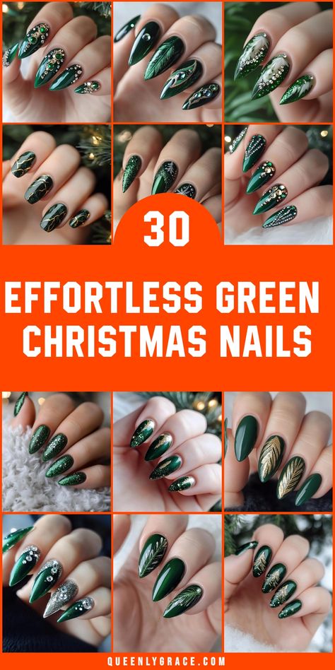 Unwrap the gift of gorgeous green Christmas nails! Discover 30 festive designs that capture the joy of the season. From whimsical reindeer silhouettes on a green base to elegant gold-flecked emerald patterns, these nail art creations will elevate your yuletide look. Blend classic motifs with trendy techniques for a truly unique style. Perfect for adding a touch of holiday magic to your everyday ensemble or special occasion attire. Hunter Green Coffin Nails, Green And White Sparkly Nails, Emerald Green Nails With Gold Design, Festive Nails Green, Christmas Nails 2024 Green, Holiday Nails Winter Christmas Green, Festive Green Nails, Forest Green And Silver Nails, Green Xmas Nails Designs