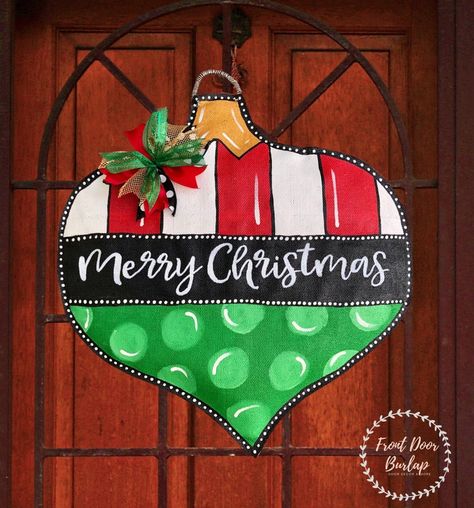 Burlap Merry Christmas Ornament Door Hanger | Etsy Wooden Ornament Door Hanger, Christmas Ornament Door Hanger, Burlap Door Hangings, Ornament Door Hanger, Burlap Christmas Ornaments, Door Decor Christmas, Ornament Door, Wreath Alternative, Front Door Christmas Decorations