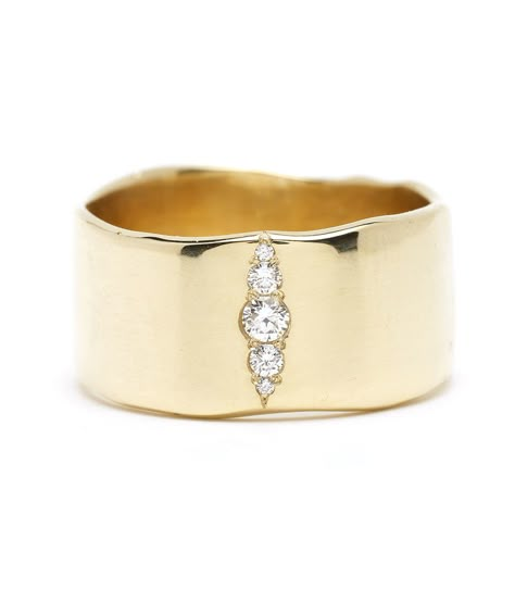 For a bold look with a touch of glam, this is perhaps our most widely loved ring! This wide torn paper edge band in 14K gold band has a soft, everyday style with a sparkling row of pavé set diamonds, positioned vertically to add a slice of sparkle. The quintessential statement ring or unique engagement or wedding band. There are no rules! Crafted by our artisan jewelers in Los Angeles. Boho Wedding Bands, Cartier Gold, Favorite Engagement Rings, Backyard Reception, Wedding Backyard, Wedding Band Designs, Jewelry Advice, Art Ring, There Are No Rules