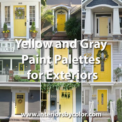 Yellow and Gray Design. Yellow painted doors with gray painted exteriors add a ray of sunshine and a pop of color! A fun twist on traditional designs! Yellow Home Exterior Paint Schemes, Gray And Yellow Exterior House Colors, Yellow And Grey House Exterior, House Paint Exterior Grey White Trim Yellow Doors, Grey House Yellow Door Exterior, Exterior Yellow House Color Combinations, Yellow Front Doors On Grey Houses, Exterior House Colors With Yellow Door, Gray House With Yellow Front Door