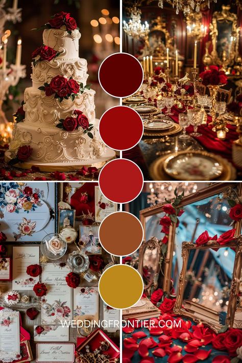 Beauty and the Beast wedding theme ideas for a magical fairytale vibe. Beauty And The Beast Wedding Theme, Elegant Decorations, Wedding Colors Red, Beauty And The Beast Wedding, Purple Wedding Theme, Enchanting Wedding, Enchanted Rose, Wedding Color Inspiration, Wedding Theme Ideas