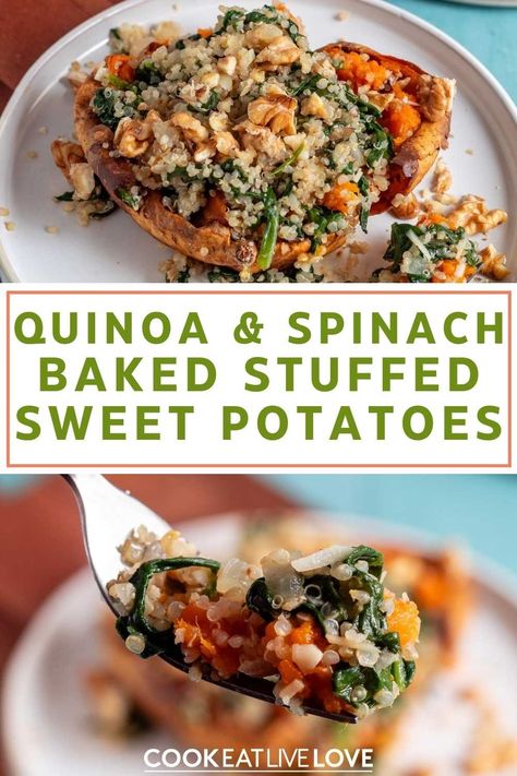 Baked stuffed sweet potatoes with quinoa and spinach make a nice change for a dish that's a little bit different that most sweet potato recipes. Quinoa adds a bit of protein making this dish an easy main meal or side! You're going to love how simple it is to make and you can even use it for meal prep It's great for a quick lunch or easy weeknight dinner. Sweet Potato And Quinoa Recipes, Quinoa And Sweet Potato Recipes, Quinoa Sweet Potato Recipes, Stuffed Sweet Potato Recipes, Quinoa And Spinach, Quinoa Sweet Potato, Making Baked Potatoes, Tofu Recipes Vegan, Stuffed Sweet Potatoes