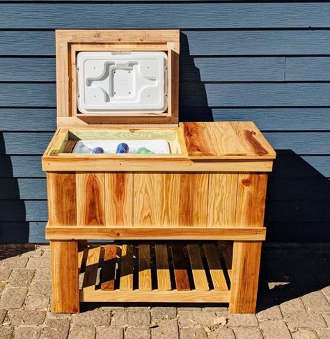 DIY Cooler Box Woodworking Plans | Etsy Canada Wooden Cooler Stand Diy Plans, Outdoor Cooler Diy, Deck Cooler, Pallet Cooler, Wood Cooler, Diy Farm Table, Wooden Cooler, Diy Patio Table, Diy Cooler