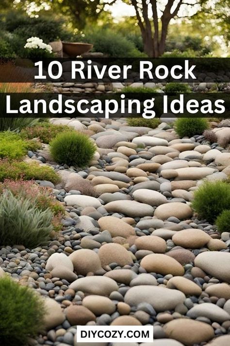 Find inspiration in Japanese garden design with these 10 river rock landscaping ideas for tranquil Zen gardens. Incorporate elements such as bamboo fences, stone lanterns, and moss-covered boulders to create a serene and harmonious outdoor retreat. Steep River Bank Landscaping, Tall Grass Landscaping Ideas, Lodge Landscaping Ideas, Dry Rock Garden, Large River Rock Landscaping, Creek Rock Landscaping, How To Make A Rock Garden, Large Rock Landscaping Ideas Front Yards, Outdoor Rock Garden Ideas