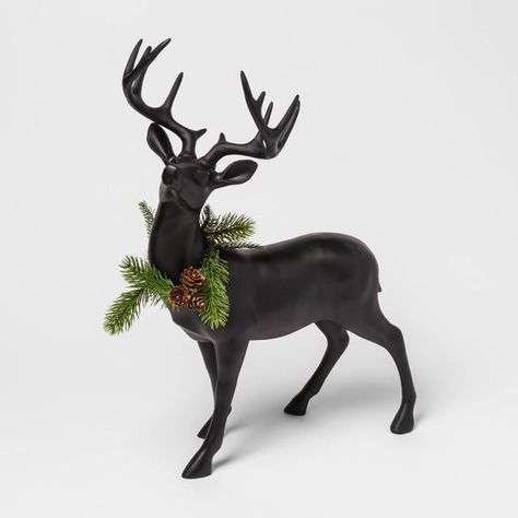 https://www.target.com/p/19-6-x-7-4-resin-standing-deer-figurine-with-wreath-black-threshold-153/-/A-76366405 Black Deer Christmas Decor, Christmas Table Top Decorations, Miami Mansion, Os Wallpaper, Threshold Target, Goth Victorian, Black Deer, Bottle Brush Christmas Trees, Decorative Wall Tiles