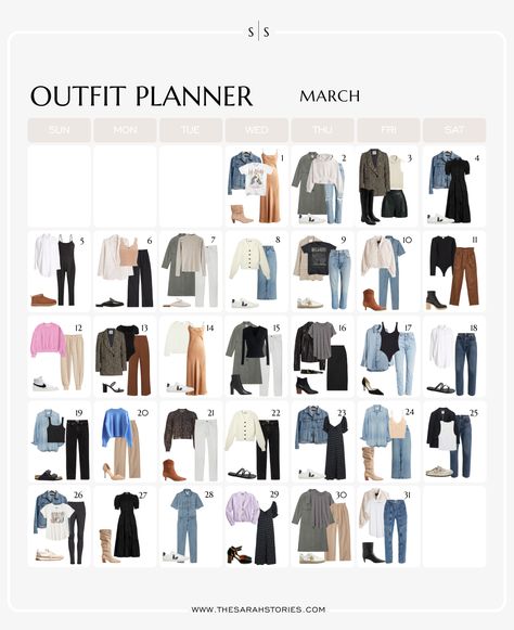 Monthly Outfit Planner, Outfit Ideas For March, Planner March, Outfit Calendar, March Outfits, Capsule Wardrobe Women, Outfit Planner, Classic Capsule Wardrobe, Capsule Wardrobe Outfits