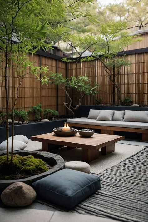 Japanese Style Balcony Garden, Japanese Patio Garden, Japanese Decking, Japanese Outdoor Decor, Japanese Inspired Backyard, Inner Garden Design, Bamboo Ideas Outdoor, Japanese Patio Ideas, Japanese Terrace