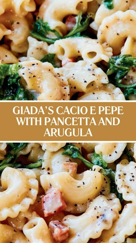 Giada’s Cacio E Pepe With Pancetta and Arugula Pancetta Pasta Recipes, Recipes With Pancetta, Giada Pasta, Giada De Laurentiis Recipes, Pancetta Recipes, Pancetta Pasta, Giada Recipes, Scrumptious Food, Pecorino Cheese