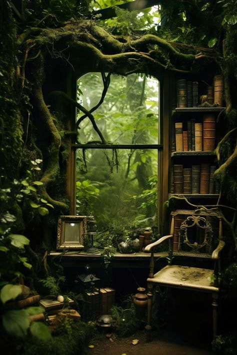 A home that has been reclaimed by the forest. Forest Home Aesthetic, Woodland Fairy Bedroom, Forest Room Aesthetic, Dark Academia Forest, Fairy Core Room, Forest Library, Green Dark Academia, Witches Cottage, Forest Room