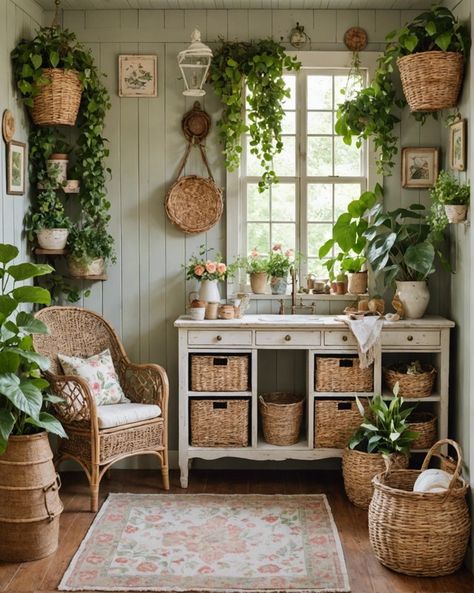 Cottagecore She Shed Interior, Cottage She Shed Interior, Conservatory Garden Room, Rustic She Shed Interior Ideas, Garden Cabin Interior, Boho She Shed Interior, Vintage She Shed, Potting Shed Interior Ideas, Shed Interior Ideas