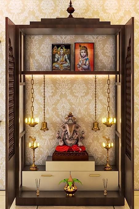 Small Pooja Unit In Living Room, Small Pooja Unit Designs, Gopuram Designs, House Mandir, Small Pooja Room Ideas, Small Pooja Unit, Pooja Shelf, Pooja Room Ideas Indian, Jain Mandir