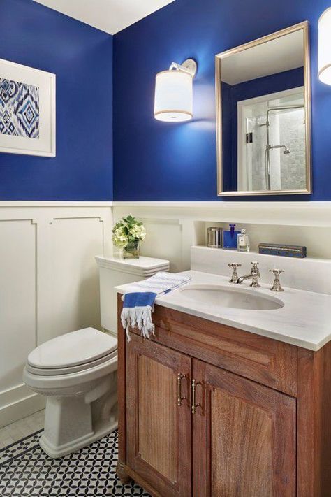 Royal Blue Bathroom, Royal Blue Bathrooms, Blue Powder Room, Half Bathroom Ideas, Small Half Bathrooms, Traditional Powder Room, Powder Room Remodel, Half Bathroom Decor, White Wainscoting