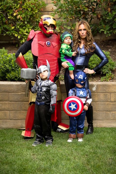 Avengers assemble!!  Last years Halloween pic. Thought I'd share for other families with boys;) Brother And Sister Super Hero Costumes, Avengers Halloween Costume Family, Avengers Costumes Family, Marvel Halloween Costumes Family, Iron Man Family Costume, Thor Family Costumes, Marvel Family Costumes Halloween, Avengers Family Costumes, Family Spiderman Costumes