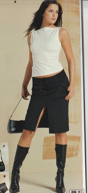 OTTO herbst/winter 2003 style women. Black low-rised skirt and white sleevless top. Black bag, black boots.  .  .   .  y2k, 00s, old fashion magazine, vintage fashion magazine, vintage clothes autumn/winter fashion Y2k Corporate Aesthetic, 00s Office Fashion, 00s Fashion Winter, 2000s Office Fashion, 2000s Fashion Magazine, Old Fashion Magazine, 2003 Style, 00s Skirt, Black Pencil Skirt Outfit