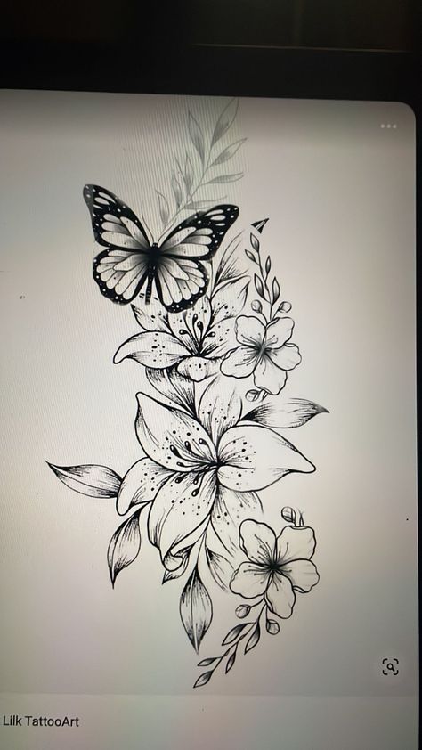 Butterfly Tattoo With Lilies, Lilys With Butterfly Tattoo, Orchid And Water Lily Tattoo, Lillies And Butterflies Tattoo Design, Stargazer Lily And Butterfly Tattoo, Tiger Lily And Butterfly Tattoo, Water Lily And Butterfly Tattoo, Lily And Butterfly Tattoo Half Sleeves, Lily And Sunflower Tattoo Design