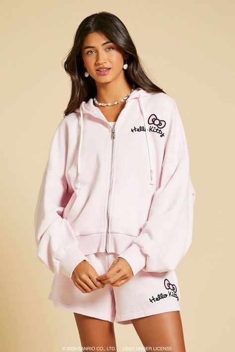 Seashell Hello Kitty Zip-Up Hoodie Hello Kitty Text, Seashell Graphic, Hello Kitty Hoodie, Bow Graphic, Hello Kitty And Friends, Graphic Tee Dress, Denim Sweater, Blazer Shirt, Active Wear Leggings