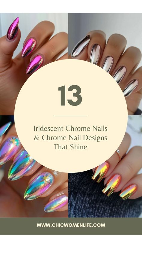 13 Iridescent Chrome Nails & Chrome Nail Designs That Shine Metallic Nail Polish Chrome, Two Tone Chrome Nails, Beach Chrome Nails, Multi Color Chrome Nails, Rose Gold Chrome Nails Designs, Unicorn Chrome Nails Designs, Chrome Powder Nails Designs, Opal Chrome Nails, Irredecent Nail Designs