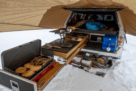 The Top 9 Slide Out Camp Kitchens And DIYs Tacoma Bed Cover, Overland Kitchen Ideas, Canopy Kitchen, Truck Bed Box, Truck Bed Drawers, Pickup Camping, I Love Sleeping, Mattress Platform, Astuces Camping-car