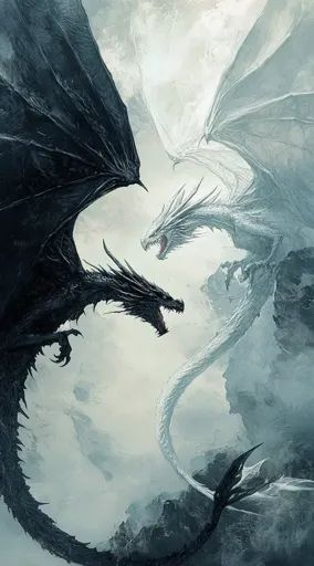 ↑↑↑ Larger size on website 🔸 A black dragon and a white dragon face each other in a dramatic scene. The black dragon has its wing Atlas Aesthetic, Enchanted Library, Eevee Wallpaper, Wing Painting, Black Dragon Tattoo, Aesthetic Dragon, Myth Art, Dragon Concept, Heavy Is The Crown