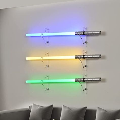 Lightsaber Wall Mount, Lightsaber Stand, Lightsaber Display, Kids Lighting Bedroom, Wall Display Case, Nerd Room, Storage Kids Room, Star Wars Light Saber, Big Boy Room