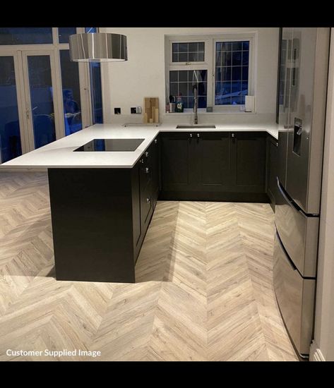 Oak Herringbone Laminate Floor, Laminate Parquet Flooring, Small Kitchen Diner Ideas Layout, Light Oak Herringbone Floor, Light Herringbone Wood Floors, Small Open Plan Kitchen Dining, Light Parquet Flooring, Herringbone Kitchen Floor, Light Oak Laminate Flooring