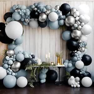 Blue Black Balloon Garland-Double Stuffed Pearl White Dusty Blue Balloons Metallic Blue and Black Silver Balloon Arch for New Year Baby Shower Birthday Anniversary Party Decorations Black Silver Balloon Garland, Dusty Blue Balloons, Wedding Reception Colors, Silver Balloon Arch, Pastel Balloon Arch, Black Balloon Garland, Silver Balloon Garland, Little Boo Is Almost Due, Black And White Balloons