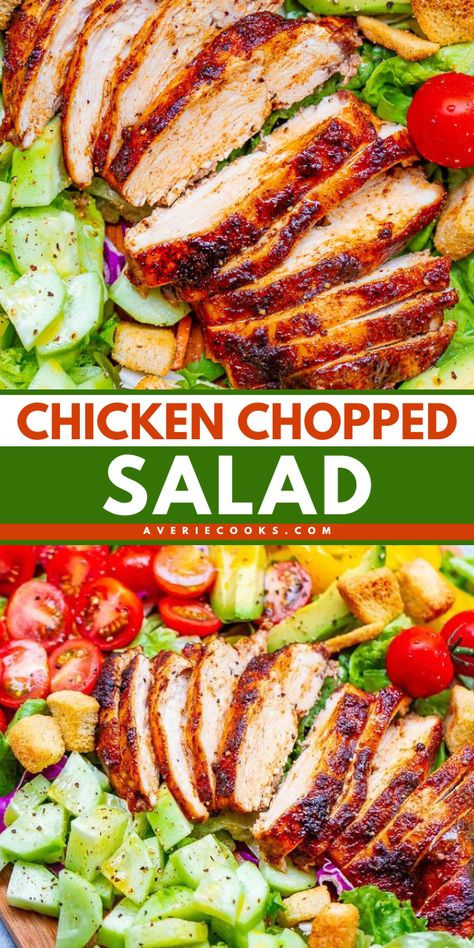 Don't miss out on this chicken chopped salad recipe! It's a dinner salad with juicy oven-baked chicken. Finished with a honey apple cider vinaigrette, this is the BEST chopped chicken salad! Enjoy this quick and easy meal for tonight! Chicken For Salads How To Cook, Best Chicken Recipe For Salads, Cooked Chicken For Salads, Chicken Over Salad Recipe, Easy Salad Recipes With Chicken, Pioneer Woman Chopped Salad, Chicken Tossed Salad Recipe, How To Cook Chicken For Salads, Chopped Salad With Chicken