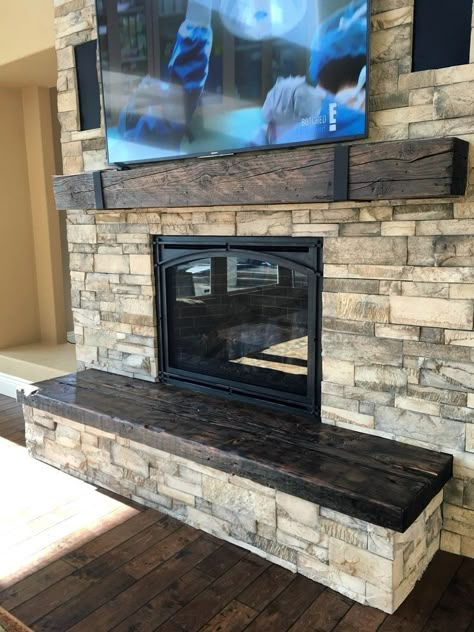 Stone Fireplace With Wood Hearth, Rustic Fireplace Hearth Ideas, Wood Hearth And Mantle, Fireplace With A Hearth, Real Wood Fireplace Insert, Wood Top Fireplace, Fireplace Heartb, Stone Fireplace Black Mantle, Rustic Fireplaces With Tv Above