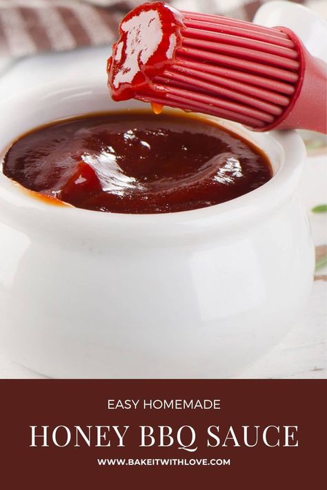 This honey BBQ sauce has the perfect balance of sweet and tangy flavors and can be paired with a wide variety of different dishes! Whether it's drizzled over grilled meats, used as a dipping sauce for crispy chicken wings, or brushed onto tender ribs, this sauce takes any meal to the next level! It's so easy to make that you're going to keep it on hand all the time! BakeItWithLove.com Sweet Honey Bbq Sauce, How To Make Honey Bbq Sauce, Honey Barbecue Sauce Recipe, Bbq Sauce Homemade No Ketchup, Bbq Sauce With Honey, No Ketchup Bbq Sauce Recipe, Bbq Sauce No Ketchup, Honey Barbeque Sauce, Homemade Honey Bbq Sauce