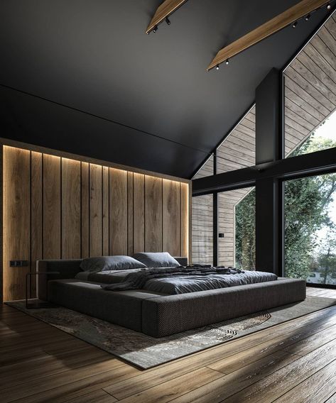 Dark interior, dizzers63, minimalism, master bedroom, wood, dark grey Dark Interiors, House Architecture Design, Cheap Decor, Bedroom Aesthetic, Large Windows, Cheap Home Decor, House In The Woods, Interior Architecture Design, Modern Bedroom