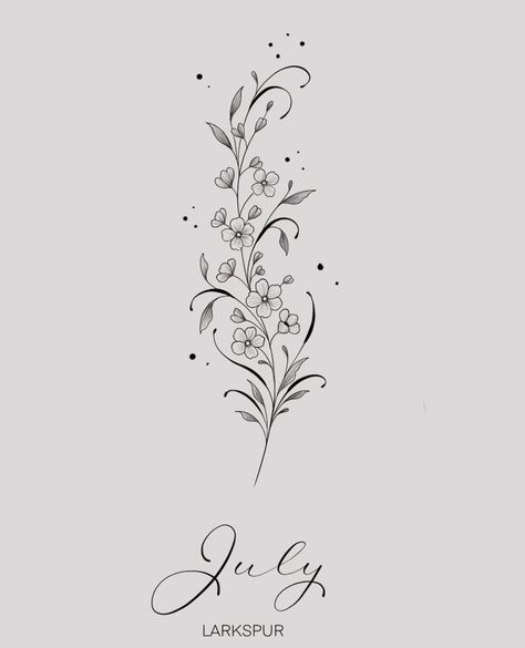 Larkspur Drawing July Birth Flowers, Birth Flower Tattoos On Thigh, July And March Birth Flower Tattoo Together, Larkspur Vine Tattoo, July And February Flower Tattoo, July Flower Tattoos, July Flowers Tattoo, July Spine Tattoo, September And July Birth Flower Tattoo