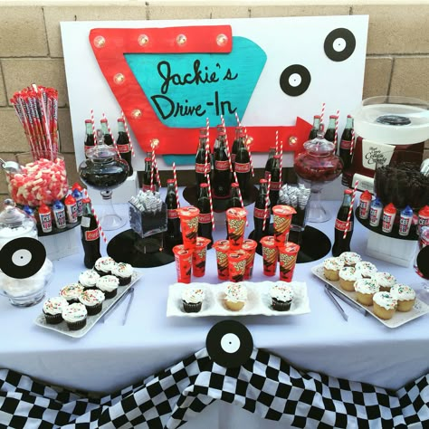 1950 Themed Birthday Party 50s Diner, Diner Theme Party Decorations, Grease Themed Birthday Party, 50s Prom Decorations, 50s Diner Decor, 50s Theme Decorations, 50s Birthday Party Theme For Men, 50s Birthday Party Theme For Kids, Sock Hop Party Food Ideas