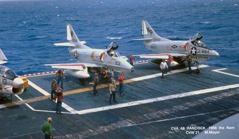 U.S. Navy Douglas A-4F Skyhawks ready to be  launched from the deck of the aircraft carrier USS Hancock (CVA-19) for a strike in Vietnam in 1969 A4 Skyhawk, Uss Hancock, Naval Aviation, Navy Aircraft Carrier, Capital Ship, Aircraft Carriers, Jet Age, Navy Aircraft, Navy Marine