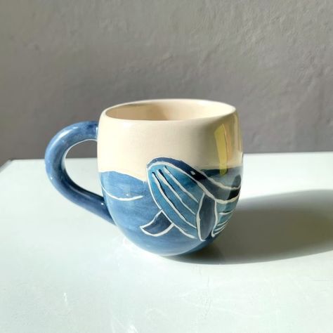 Ocean Themed Pottery, Cute Pottery Painting, Handmade Mugs Pottery, Ocean Ceramics, Ocean Pottery, Whale Mug, Ocean Mug, Pottery Inspo, Blue Mug