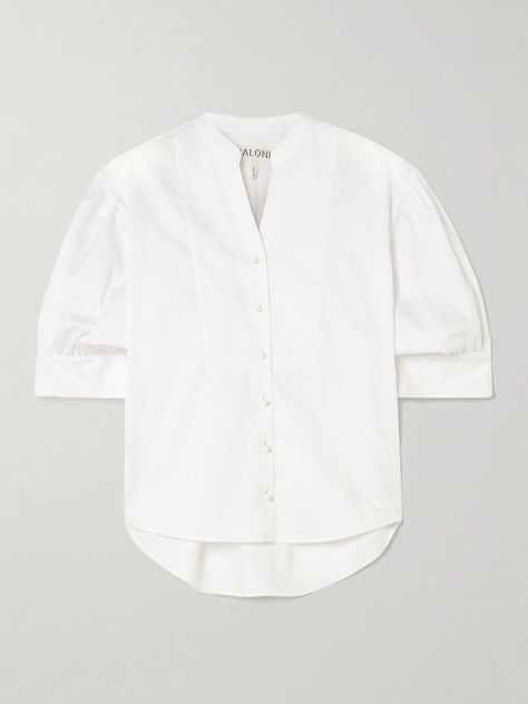 Saloni's 'Tavi' shirt recalls tuxedo styles, adjusted with feminine vintage touches. Tailored from cotton-poplin, it has a collarless neckline and puffed sleeves that slant elegantly at the elbow-grazing cuffs. Tuck yours into jeans or a high-rise skirt. Tuxedo Styles, High Rise Skirt, Cotton Poplin Shirt, Puffed Sleeves, Cotton Poplin, Puff Sleeve, Top Shirt, High Rise, Top Outfits