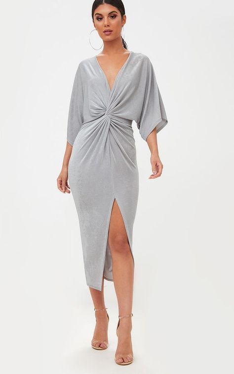 Ice Grey Slinky Twist Front Kimono Sleeve Midi Dress Twist Dress Pattern Tutorials, Twist Dress Pattern, Knot Dress Pattern, Front Twist Dress, Twist Knot Dress, Wrap Dress Pattern, Front Knot Dress, Dress Sewing Tutorials, Twist Front Dress