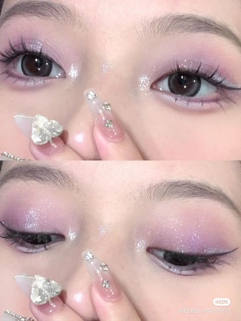 Makeup Looks Lavender, Purple Soft Makeup, Douyin Birthday Makeup, Lavender Bridal Makeup, Soft Purple Makeup Looks, Wedding Makeup Lavender, Cute Purple Makeup Looks, Debut Make Up Look, Light Purple Natural Makeup