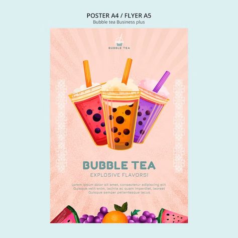 Bubble Tea Poster Design, Bubble Tea Poster, Bubble Fruit, Bubble Tea Flavors, Tea Poster, Tea Flavors, Poster Template Design, Tea Design, Fruit Tea