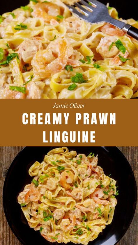 Jamie Oliver Creamy Prawn Linguine Prawn Linguine Recipe, Creamy Prawn Linguine, Jamie Oliver 30 Minute Meals, Salmon Linguine, Prawn Linguine, Pasta Menu, Prawn Pasta, Linguine Recipes, Linguine Pasta