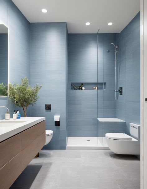 58 Bathroom Tile Ideas To Transform Your Space: Stylish Designs For Every Taste Bathroom Tiles Decor, Walk In Shower Blue Tile, Blue Tile Bathrooms, Teal Bathroom Tiles, Grey And Blue Bathroom Ideas, Blue Tile Bathroom Ideas, Bathroom Blue Tile, Modern Blue Bathroom, Blue Bathroom Tile Ideas