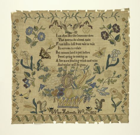 Sampler (USA), 1832 | Objects | Collection of Cooper Hewitt, Smithsonian Design Museum Vintage Samplers, Cooper Hewitt, Basket Of Flowers, Antique Samplers, Embroidery Sampler, Large Basket, Art Fabric, Floral Spray, Fabric Panel