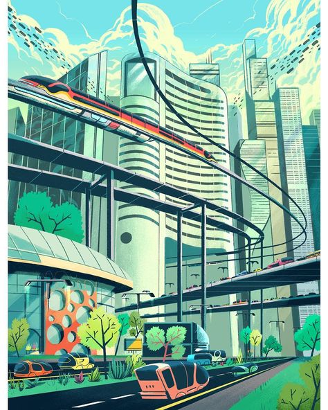 MUTI on Instagram: “Smart cities rethink mobility, for @skfgroup Evolution.” Smart City Drawing, Green City Illustration, Smart City Illustration, Futuristic City Illustration, Smart City Design, Eco Illustration, Kota Masa Depan, City Drawing, Simple Designs To Draw