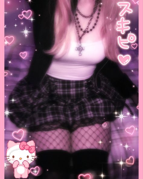 fishnets kneehigh skirt edgy alternative cute hellokitty uwu Fishnets With Skirt, Fish Net Outfits, Skirt With Fishnets Outfit, Fish Nets Outfit, Outfit With Fishnets, Big Thighs Outfit, Fishnet Aesthetic, Fishnets Aesthetic, Pink Tank Tops Outfit