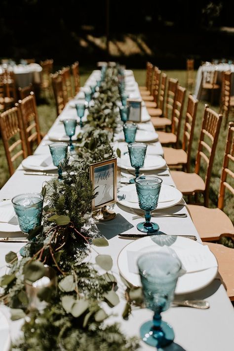 forest wedding water glass Hop Wedding Decor, Blue Grey Green Wedding Colors, Dusty Blue And Sea Glass Wedding, Blue Glass Wedding Centerpieces, Light Blue And Greenery Wedding, Olive Green Blue Wedding, Powder Blue And Green Wedding, Blue Water Glasses Wedding, Outdoor Wedding Blue Theme